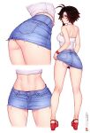 1girl abs ass bluefield choker crop_top female_only jean_skirt looking_at_viewer looking_back miniskirt platform_heels red_platform_heels ruby_rose rwby short_hair short_skirt skirt skirt_lift small_breasts white_crop_top white_panties white_top