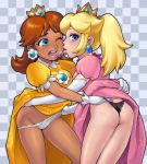 2girls ass blonde_hair blue_eyes brown_hair crown dress earrings jewelry kiss mario_(series) multiple_girls nintendo panties pink_dress princess_daisy princess_peach super_mario super_mario_bros. super_mario_land underwear yuri