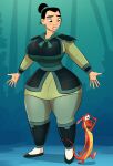  1boy armor big_breasts black_eyes black_hair dat_ass disney dragon emmabrave fa_mulan gigantic_breasts hourglass_figure mulan mushu surprised 