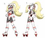  1girl alternate_costume aoi_ginkoku aozame_takao bicycle_helmet blonde_hair bodysuit full_body gloves green_eyes gym_leader helmet korrina koruni_(pokemon) long_hair multiple_views pokemon pokemon_(game) pokemon_xy ponytail roller_skates skates skin_tight smile two_side_up 