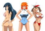 3_girls alluring bandanna bikini blue_eyes blue_hair brown_hair creatures_(company) dawn_(pokemon) fallere825 female_only game_freak green_eyes gym_leader haruka_(pokemon) hat hikari_(pokemon) humans_of_pokemon kasumi_(pokemon) may_(pokemon) misty_(pokemon) night nintendo orange_hair pin_up pokemon pokemon_(anime) pokemon_(game) pokemon_black_and_white pokemon_bw pokemon_diamond_pearl_&_platinum pokemon_dppt pokemon_frlg pokemon_red_green_blue_&_yellow pokemon_rgby pokemon_rse short_hair white_background white_bandanna