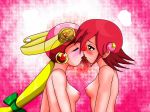 2girls 4:3_aspect_ratio arm arms art artist_cg bare_shoulders blonde_hair breasts brown_eyes capcom cg_art closed_eyes clothing duo female female_only hair hair_ornament hair_ribbon half-closed_eyes headgear headwear helmet kiss kissing looking_at_another love megaman multiple_girls nipples nude open_mouth pink_hair ponytail red_eyes red_hair ribbon rockman rockman_exe roll.exe sakurai_meiru saliva short_hair shoulder_length_hair sideboob small_breasts tied_hair topless yuri