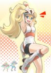  1girl :d arm_behind_head arm_up armpits bare_shoulders bicycle_helmet bike_shorts blonde_hair blue_eyes blush boots breasts fingerless_gloves gloves gym_leader hakutakuanta hawlucha helmet highres korrina koruni_(pokemon) leg_up long_hair looking_at_viewer looking_down lucario open_mouth pokemon pokemon_(game) pokemon_xy polka_dot polka_dot_background ponytail roller_skates skates smile solo sweat two_side_up 