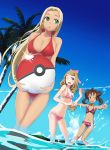 3girls ball beachball bikini blonde_hair blue_eyes blue_sky breasts brown_eyes brown_hair carrying cleavage collarbone creatures_(company) game_freak green_eyes hair_ornament hair_ornaments hair_ribbon happy hips humans_of_pokemon knees largo_(largo-hal2001k91) legs light-skinned_female long_hair midriff multiple_girls navel nintendo npc npc_trainer ocean palm_tree poke_ball pokemon pokemon_(anime) pokemon_(game) pokemon_xy porkyman ribbon sana_(pokemon) serena_(pokemon) shauna_(pokemon) sky smile swimmer_(pokemon) swimsuit tree water wide_hips wink