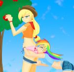  apple apple_print applejack ass_sniff blue_panties blush bracelet closed_eyes ear_piercing earrings food friendship_is_magic frilly_panties fruit funny green_eyes hat hugging jewelry long_hair my_little_pony panties pants_down pants_pulled piercings pink_panties printed_panties rainbow_dash tree underwear 