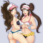  2girls :d alluring arm arms art ass ata_yami babe back bare_arms bare_back bare_legs bare_shoulders baseball_cap big_breasts blue_eyes blush bra breasts brown_hair cleavage collarbone double_bun double_buns grey_background hand_holding hat hilda_(pokemon) interlocked_fingers legs lips lipstick long_hair looking_at_viewer looking_back makeup mei_(pokemon) microskirt midriff multiple_girls mutual_yuri navel neck nintendo open_mouth pink_lipstick pokemon pokemon_(anime) pokemon_(game) pokemon_black_and_white pokemon_bw pokemon_bw2 ponytail rosa_(pokemon) simple_background skirt standing strapless strapless_bikini strapless_swimsuit swimsuit thong touko_(pokemon) twin_tails underwear visor_cap watch wedgie white_(pokemon) wide_hips wristband wristwatch yuri 