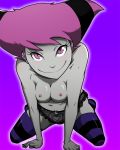 breasts jinx looking_at_viewer meteorreb0rn panties purple_hair smile stockings striped_legwear teen_titans topless