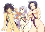  1girl 3_girls bare_shoulders big_breasts bikini bikini_pull black_bikini black_hair black_swimsuit blue_bikini breasts flashing ganaha_hibiki green_eyes grin groin group_comparison hairband high_resolution idolmaster idolmaster_(classic) looking_at_viewer medium_breasts melon_sakiguchi midriff miura_azusa mound_of_venus multiple_girls navel nipples one_eye_closed partially_visible_vulva purple_bikini shijou_takane silver_hair simple_background sling_swimsuit smile swimsuit swimsuit_pull white_background wink 