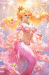  1girl 2024 big_breasts blonde_hair blue_eyes bubbles cheep_cheep crown female fish jewelry light-skinned_female light_skin long_hair mario_(series) mario_hat mermaid mermaid_girl mermaid_tail mushroommirror nintendo pink_theme princess princess_peach solo solo_female strapless_bra super_mario_bros. underwater video_game video_game_character video_games 