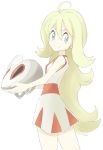 ahoge bare_shoulders blonde_hair blue_eyes corni_(pokemon) creatures_(company) game_freak green_eyes gym_leader hair_down headwear_removed helmet helmet_removed humans_of_pokemon korrina_(pokemon) koruni_(pokemon) light-skinned_female long_hair nintendo pokemon pokemon_(anime) pokemon_(game) pokemon_xy smile souji