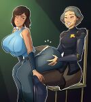  2_girls armor avatar:_the_last_airbender bedroom_eyes blue_eyes brown_hair dat_ass emmabrave gigantic_ass gigantic_breasts green_eyes grey_hair horny hourglass_figure korra lin_bei_fong naughty_face scar smirk the_legend_of_korra the_legend_of_korra* you_gonna_get_raped yuri 