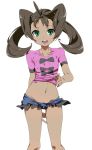  1girl bad_id blush brown_hair covered_nipples dark_skin erect_nipples green_eyes long_hair lowleg lowleg_pants midriff mound_of_venus navel open_mouth pants pokemon pokemon_(game) pokemon_xy sana_(pokemon) shauna shirt_lift short_shorts shorts simple_background solo toru_k twintails white_background 