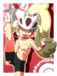 1girl areolae blonde_hair breasts collarbone erect_nipples gym_leader happy helmet korrina koruni_(pokemon) midriff musical_note nintendo nipples pokemon pokemon_(game) pokemon_xy rorretsim shiny shiny_skin small_breasts solo topless two_side_up