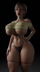 3d 3d_(artwork) big_breasts black_thong bracelet breasts brown_hair collar earrings jackerman looking_at_viewer makeup milf red_lipstick sweat thick_thighs thong venus_body voluptuous