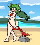  ass beach bikini bikini_bottom_down bikini_bottom_pull bikini_pull blush butt_expansion coppertone crab dino-dinosaur draco_(dino-dinosaur) dragon_girl dragon_horns dragon_tail dragon_wings dragon_woman embarrassed embarrassing enf green_hair looking_back looking_down oc original_character wings 