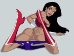 black_hair blue_eyes boots breasts_out dc earrings hair hand_on_butt headdress heels long_hair looking_at_viewer looking_over_shoulder panties_around_legs presenting red_lipstick teasing wonder_woman