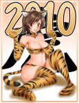  1041_(toshikazu) 10s 1girl 1girl 2010 animal_ears bandai_namco big_breasts bikini breasts brown_eyes brown_hair choker elbow_gloves gloves grin happy_new_year kazama_asuka namco namco_bandai navel new_year orange_bikini short_hair sitting smile stockings swimsuit tail tekken tiger_ears tiger_tail 