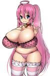 1girl ahoge bad_id bell bell_collar blue_eyes bra breasts chubby cleavage collar curvy frills gigantic_breasts long_hair magister_(bigbakunyuu) magister_(medical_whiskey) original panties pink_bra pink_hair pink_legwear pink_panties plump polka_dot polka_dot_bra polka_dot_panties skindentation smile solo striped striped_legwear thighhighs twintails underwear underwear_only v very_long_hair