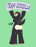 1girl artist_signature ass back_view butt_flap cartoon_network commission cosplay demencia frostbiteboi godzilla_(cosplay) grin holding_object holding_sign long_hair multicolored_hair no_panties rear_view red_hair sign smile villainous white_skin