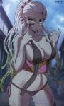 1girl ass_visible_through_thighs bare_shoulders big_breasts bikini black_nails blue_sky blunt_ends blurry blurry_background breasts building cloud cloudy_sky collarbone cowboy_shot daki daki_(kimetsu_no_yaiba) day demon_girl demon_slayer depth_of_field female_only floral_print forehead gradient_hair green_eyes green_hair hair_ornament hairpin hands_up high_ponytail highres kimetsu_no_yaiba lifted_by_self long_hair looking_at_viewer multicolored_hair nail_polish navel obi outside parted_lips patreon_logo patreon_username sash shexyo side-tie_bikini_bottom sky solo solo_female standing strap_lift swimsuit text_in_eyes thighs v-shaped_eyebrows very_long_hair web_address white_hair