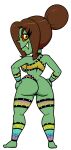  1girl ass backboob brown_hair bun_hair fang full_body goblin goblin_female goblin_girl gold_eyes gold_irises golden_eyes green_skin hair_tied half-dressed half_naked hands_on_hips hands_on_own_thighs looking_at_viewer looking_back looking_back_at_viewer oc rear_view red_eyes revealing_clothes solo_female solo_focus xierra099 yellow_eyes yellow_iris 