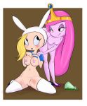 adventure_time animal_ears black_eyes blonde_hair blush breasts bunny_ears fionna_the_human hairless_pussy jewelry long_hair looking_back looking_up nipples nude pink_hair pink_skin potion princess princess_bubblegum pussy shirt_lift smile socks stockings tiara