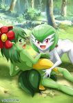 bbmbbf bellossom big_breasts blush breasts chest_jewel creatures_(company) game_freak gardevoir gen_3_pokemon green_hair hair_over_one_eye nintendo palcomix pokemon pokemon_(anime) pokemon_(creature) pokemon_(game) pokemon_(species) pokepornlive red_eyes simight