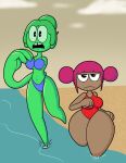  2_girls alien alien_girl badguynek beach bikini extra_thicc flan_(badguynek) human human_female monster monster_woman original pam_(badguynek) purple_hair running short_hair shortstack slime slime_monster slime_woman swimsuit thicc twin_buns wide_hips 