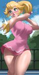 1girl 1girl 1girl absurd_res big_breasts blonde_hair blue_eyes breasts echosaber female_only hourglass_figure light-skinned_female mario_(series) mario_tennis nintendo outside outside princess princess_peach standing tennis_court tennis_uniform thick_lips thick_thighs voluptuous