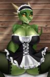  1girl 1girl argonian breasts cleavage female_only grin horns lizard lizard_folk lizardwoman maid maid_uniform monster monster_girl monster_woman reptile scalie smile solo_female solo_focus the_elder_scrolls yellow_eyes 