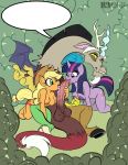 applejack_(mlp) big_breasts blank_speech_bubble cutie_mark discord_(mlp) double_fellatio draconequus friendship_is_magic licking my_little_pony penis r!p speech_bubble sucking testicles threesome twilight_sparkle_(mlp)