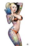 black_hair blonde_hair blue_eyes blue_hair dc_comics harleen_quinzel harley_quinn nathan_szerdy pinup sexy tattoo tattooed_arm tattooed_girl tattoos twin_tails twintails two-tone_hair two_tone_hair