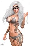 black_cat closed_eyes felicia_hardy marvel marvel_comics mask nathan_szerdy pinup sexy tattoo tattooed_arm tattooed_girl tattoos white_hair