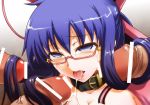  1girl ahegao blue_eyes blue_hair cum cum_in_mouth cum_string cum_trail empty_eyes glasses hair_ornament hairjob huge_penis komaki_midori megami_ibunroku_devil_survivor penis segami_daisuke solo_focus tears tongue 