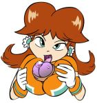 breasts brown_hair cleavage large_penis licking lowres mario_(series) nintendo paizuri penis princess_daisy super_mario_bros. super_mario_land super_mario_strikers uncensored