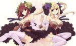 2_girls 2girls art bare_shoulders blonde_hair blue_eyes breasts cleavage detached_sleeves dress female flower flower_on_head garter_belt garter_straps glasses hair_flower hair_ornament kazu kikuko_(kazu) legs long_hair looking_at_viewer multiple_girls original red_eyes red_hair short_hair smile stockings strapless strapless_dress twintails white_legwear white_thighhighs