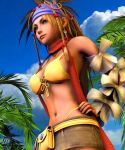 1girl 3d bare_midriff bare_shoulders beach belt bikini bikini_top blue_eyes bow bows braid braids breasts brown_hair cleavage clouds detached_sleeves earrings female final_fantasy final_fantasy_x hand_on_hip headband jewelry large_breasts long_hair midriff miniskirt nail_polish navel palm_tree palm_trees rgbabes rikku scarf skirt sky solo standing swimsuit tree underboob