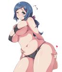  1boy 1girl bad_id belly bikini black_bikini blue_eyes blue_hair breasts gundam gundam_build_fighters heart iori_rinko iori_sei large_breasts long_hair milf moisture_(chichi) mother_and_son navel nipples plump ponytail rinko_iori simple_background swimsuit thigh_grab white_background wince 