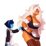 2girls alien blue_hair blue_skin blush breasts cleavage hair jasper jasper_(steven_universe) lapis_lazuli lapis_lazuli_(steven_universe) long_hair maid multiple_girls muscle orange_eyes orange_skin short_hair skirt skirt_lift steven_universe stockings sweat white_hair