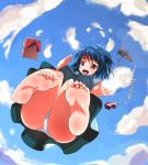 1girl barefoot blue_hair blush feet female from_below geta heterochromia ippongui md5_mismatch panties pantyshot polka_dot polka_dot_panties pov pov_feet sandals short_hair sky soles solo tatara_kogasa toes touhou umbrella underwear upskirt