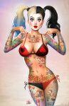 black_hair blonde_hair blue_eyes blue_hair dc_comics harleen_quinzel harley_quinn nathan_szerdy pinup sexy tattoo tattooed_arm tattooed_girl tattoos twin_tails twintails two-tone_hair two_tone_hair