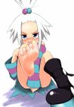 1girl akita_chika barefoot blush boots feet female gym_leader homika_(pokemon) pokemon pokemon_(game) pokemon_bw pokemon_bw2 soles steam sweat toes white_hair