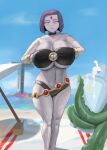 beach big_ass booruguru dc_comics gigantic_breasts grey_skin hourglass_figure ocean purple_eyes purple_hair rachel_roth raven_(dc) teen_titans