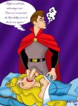 2006 bad_guy_(artist) bed blonde_hair breast_grab breasts cleavage crown disney dress fellatio hair oral penis pillow prince_phillip princess_aurora sleeping sleeping_beauty