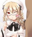  1girl :&lt; bespectacled blonde_hair blush bow cheek_poke cheek_poking cup drill_hair foreskin gisyo glasses hairjob hat luna_child male_pubic_hair multitasking penis penis_on_face plate poking pubic_hair red_eyes saucer semi-rimless_glasses short_hair solo solo_focus teacup touhou white_background wince wings 