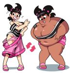 2_girls attribute_swap bbw big_belly big_breasts black_hair dark-skinned_female grabbing_belly katie_(tdi) light-skinned_female oversized_clothes overweight_female sadie_(tdi) superspoe thick_thighs total_drama_island undersized_clothes weight_gain weight_loss