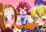  4girls :d aida_mana blonde_hair blue_hair blush brown_hair carrot closed_eyes dokidoki!_precure eating female hair heart heart_in_mouth hishikawa_rikka hug implied_fellatio implied_futanari jacket jersey katou_techu madoka_aguri multiple_girls open_mouth pink_hair precure red_eyes regina_(dokidoki!_precure) saliva sexually_suggestive smile track_jacket yuri 