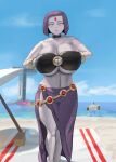 beach big_ass booruguru dc_comics gigantic_breasts grey_skin hourglass_figure ocean purple_eyes purple_hair rachel_roth raven_(dc) teen_titans