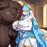 1boy 1boy1girl 1girl absurdly_large_cock ai_generated azura_(fire_emblem) bedroom big_breasts big_penis blue_hair blush breasts cleavage clothed_female cock_shock dark-skinned_male fat_man fire_emblem fire_emblem_fates grin happy huge_breasts huge_cock imminent_domination imminent_oral imminent_penetration imminent_sex interracial larger_male light-skinned_female looking_at_penis lucyla male muscular muscular_male nude_male penis penis_awe precum sex size_difference smile standing straight yellow_eyes