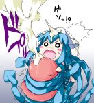 blue_hair blush chibi cum cum_on_hair ejaculation hairjob handjob ikamusume open_mouth penis shinryaku!_ikamusume surprise surprised sweatdrop tentacle_hair uncensored